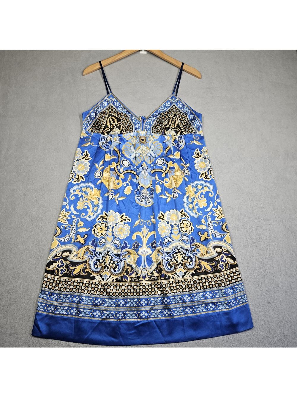 I.C.E Babydoll Dress Women 12 Blue Gold Floral Sleeveless Cruise Money Bold Y2K